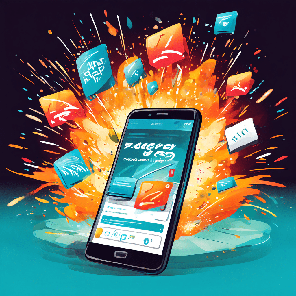 스마트폰 화면을 빈번하게 채우며 사용자를 압박하는 '지금 충전하세요!' 팝업 알림이 과도한 마케팅으로 인한 디지털 피로감을 시각적으로 표현한 일러스트입니다.