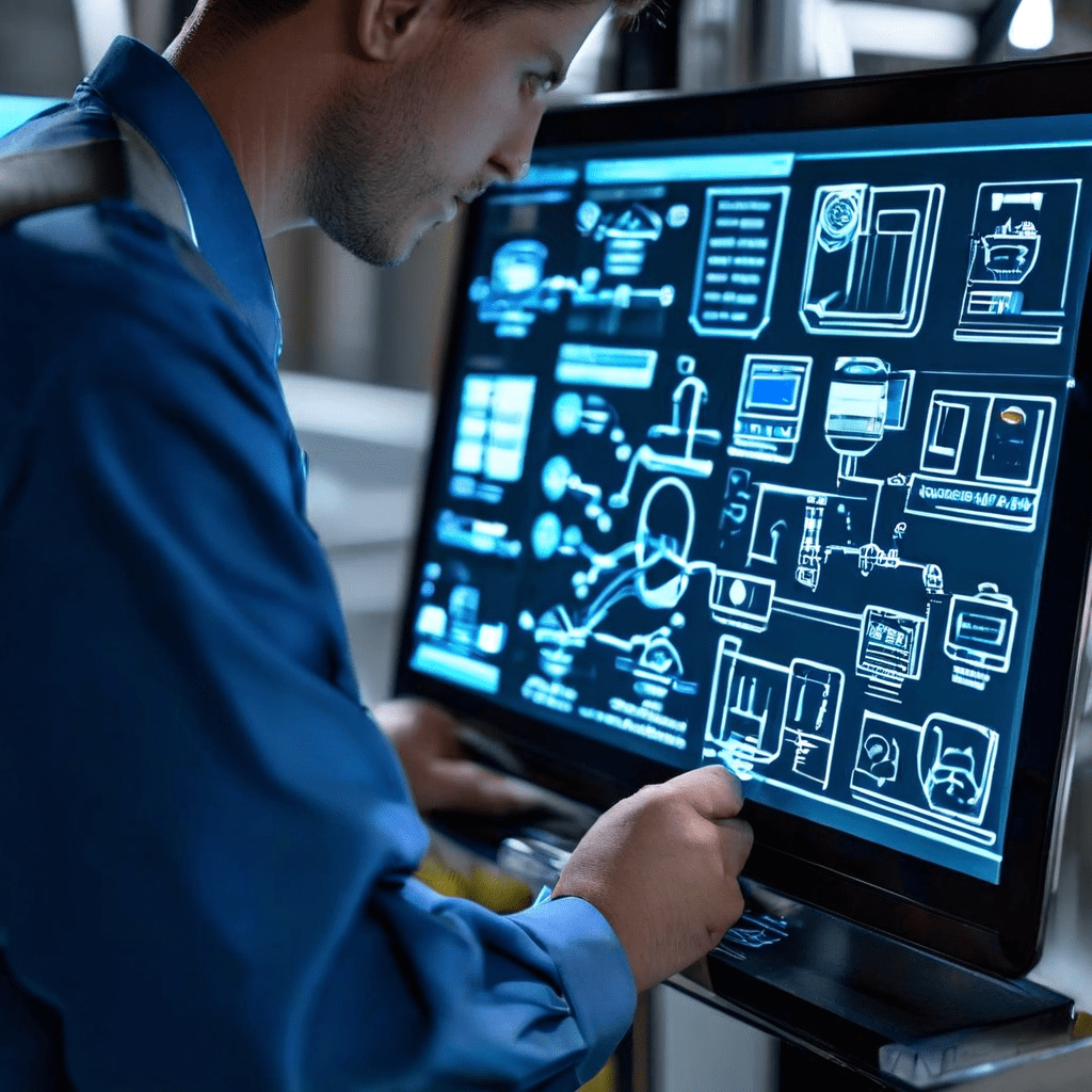 정비 유니폼을 입은 기술자가 태블릿에 표시된 상세한 점검 절차 순서도를 확인하며 체계적인 작업 단계 아이콘을 살펴보고 있습니다.