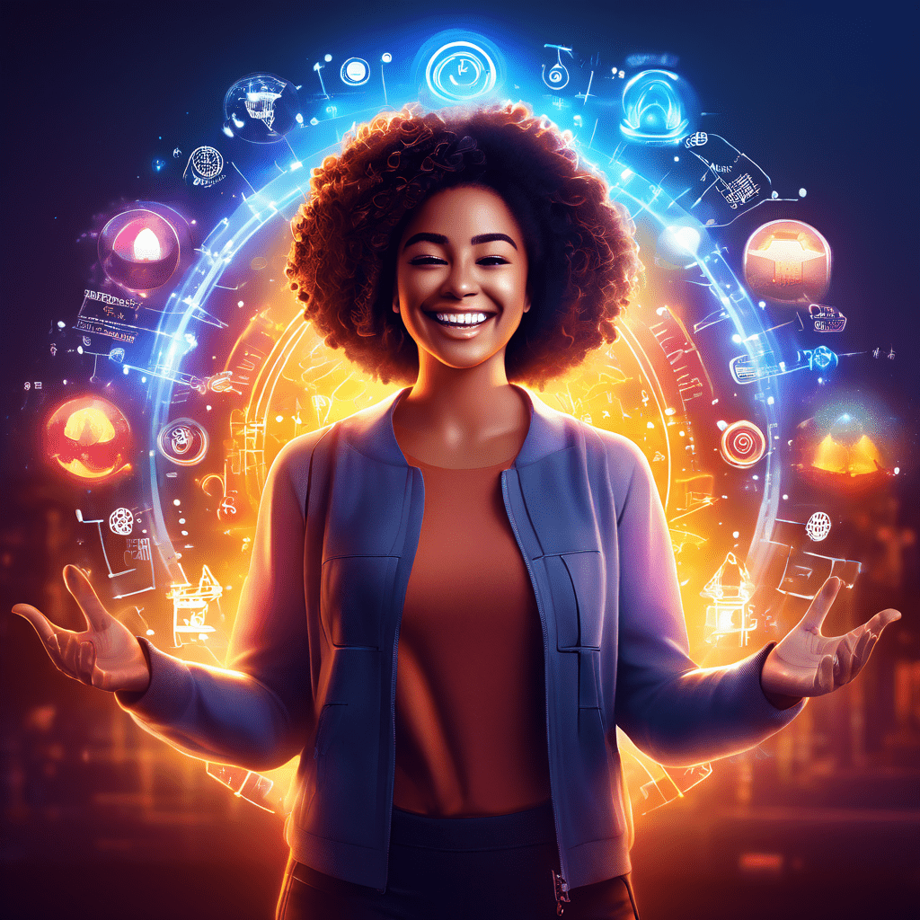 사용자가 미소 지으며 직관적인 인터페이스를 손쉽게 조작하는 모습을 통해 긍정적인 사용자 경험과 높은 만족도를 시각적으로 표현한 디자인 이미지입니다.