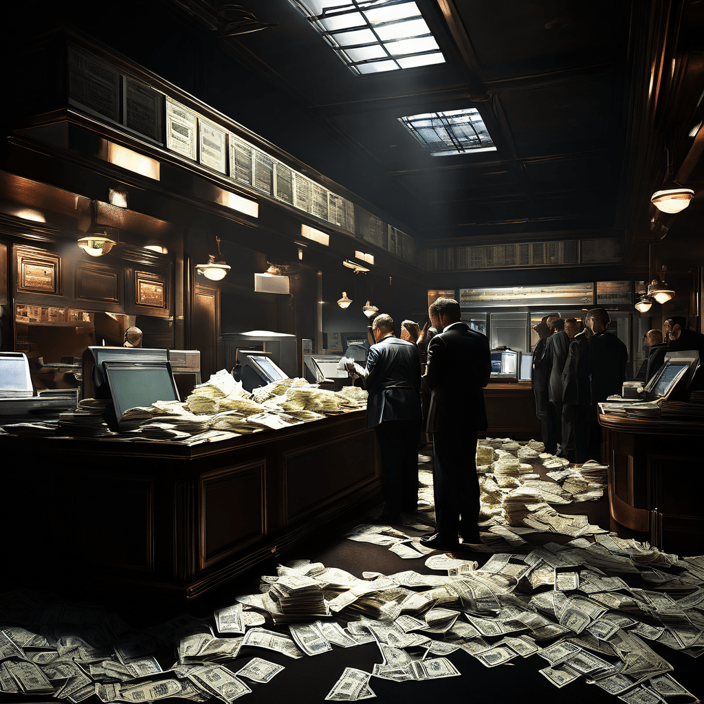 대량의 현금 교환과 보안 검색이 동시에 진행되며 금융 거래의 투명하고 안전한 운영 현장을 구체적으로 보여주는 이미지입니다.