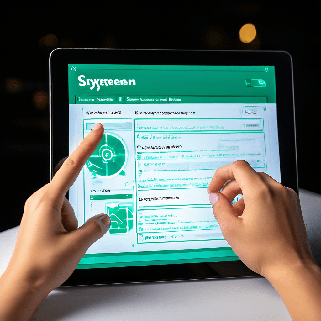 태블릿 화면에서 사용자의 손이 '시스템 온라인'과 '데이터 동기화 완료' 등의 항목에 초록색 체크 표시가 된 빛나는 체크리스트를 가리키고 있는 모습으로, 시스템 점검 및 작업 완료 상태를 시각적으로 보여줍니다.