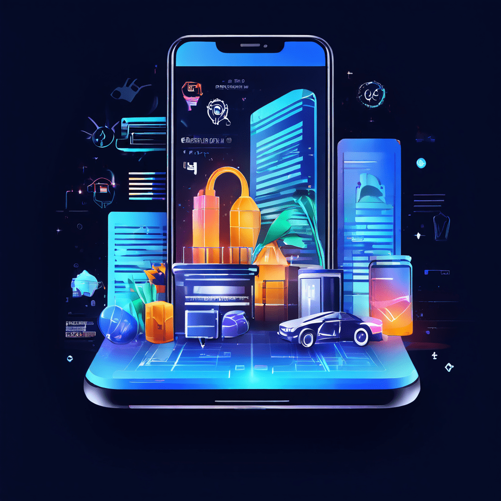 스마트폰 하단 메뉴 바가 강조되어 있으며, 쇼핑과 뱅킹 등 다양한 산업 아이콘들이 이를 둘러싸 핵심적 필수 도구로서의 역할을 상징적으로 보여주는 이미지입니다.