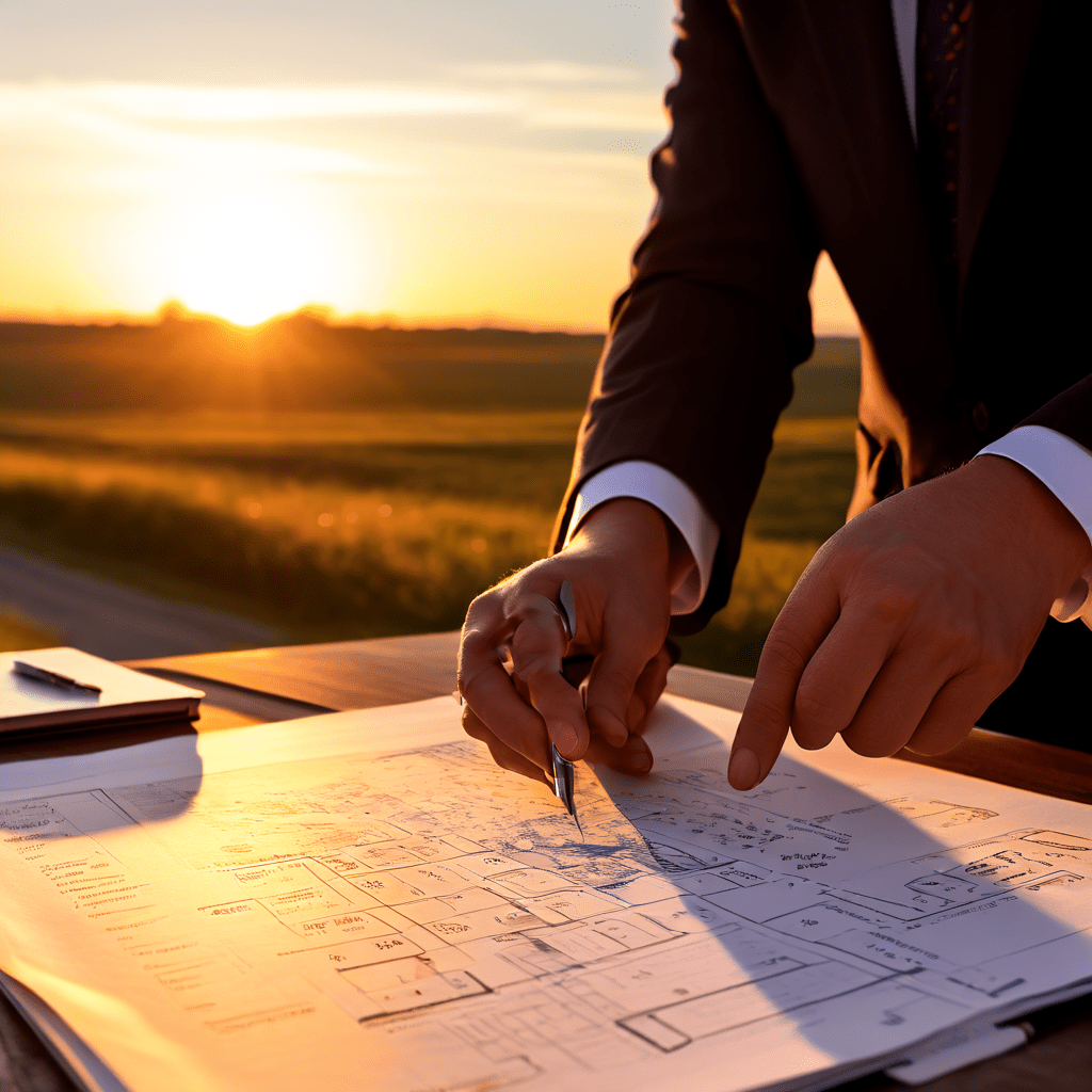 분석 보고서를 책상 위에 내려놓는 손과 함께 실행 계획 로드맵 위로 떠오르는 태양이 미래 지향적인 전략 수립과 구체적인 실천 의지를 상징적으로 표현합니다.