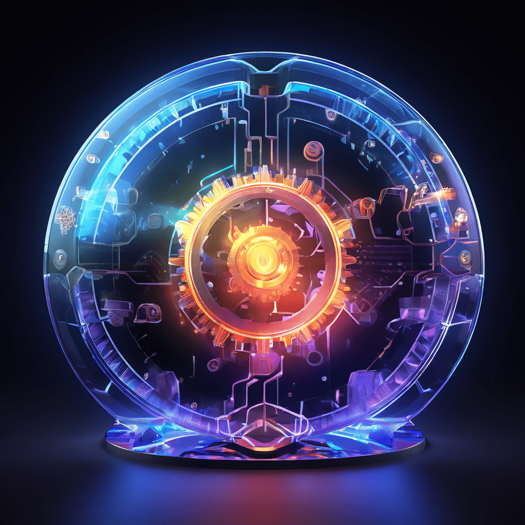 투명한 계층으로 신뢰와 검증의 상호 연결된 기어들을 드러내며 안정성과 명확성을 발산하는 빛나는 디지털 플랫폼 코어를 상징적으로 표현한 이미지입니다.