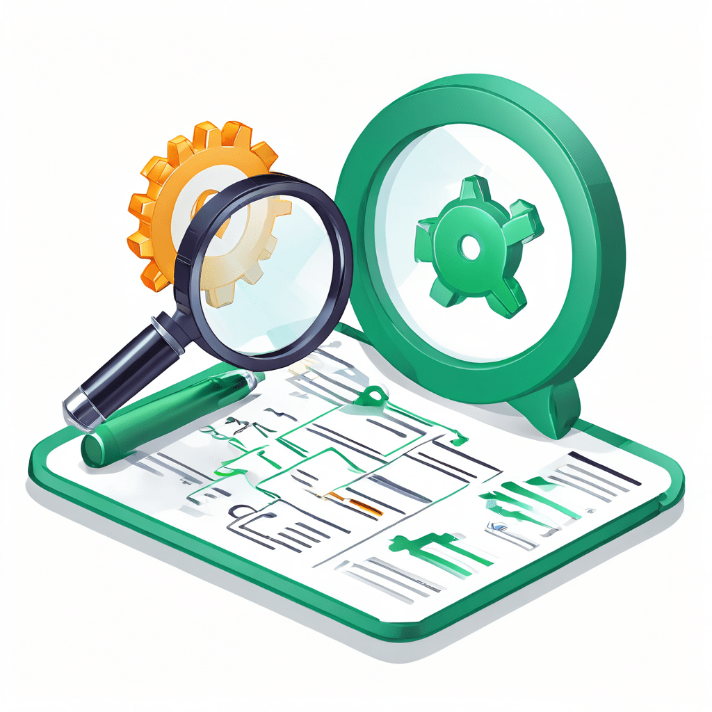 문제 해결 및 점검 과정을 시각화한 플로우차트로, 질문 표시에서 시작하여 기어 위의 돋보기를 거쳐 최종적으로 녹색 체크 표시로 진행되는 작업 검증 단계를 상세히 설명합니다.