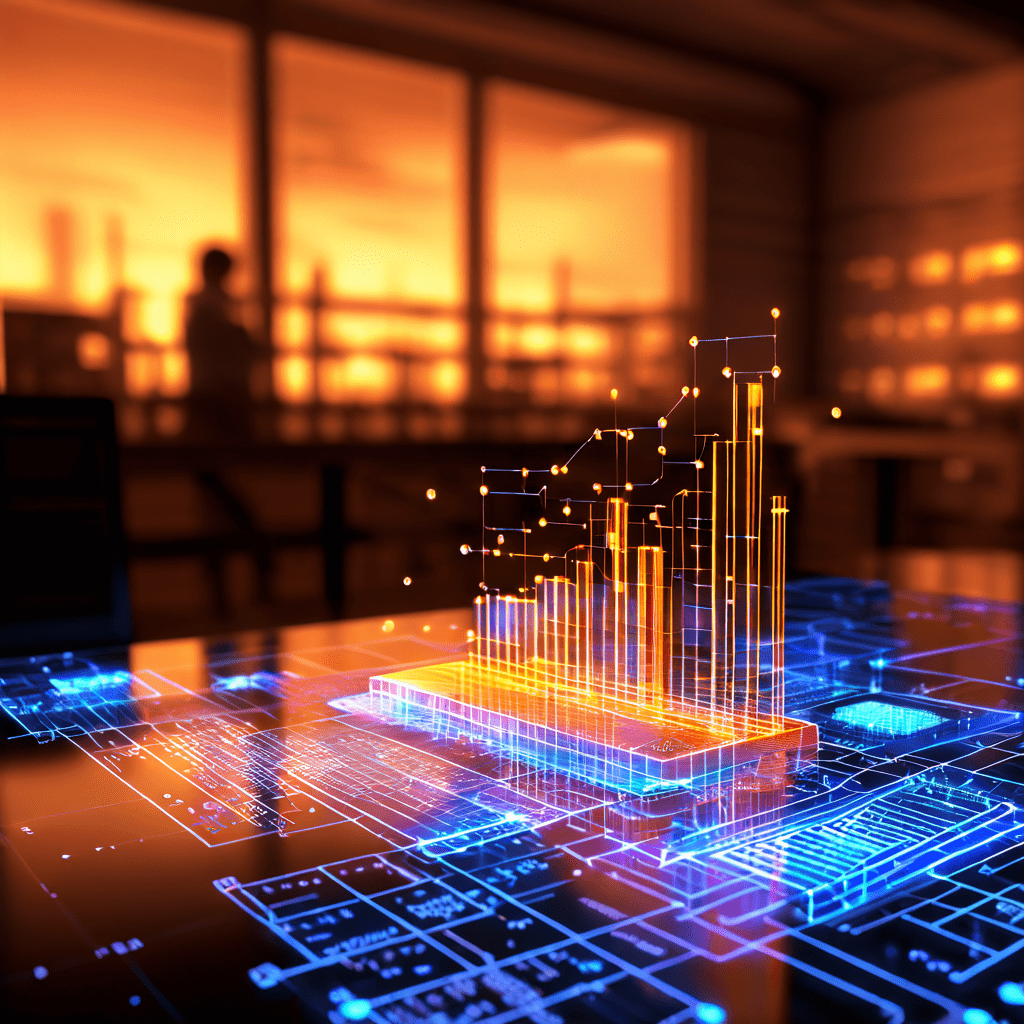 새로운 웹사이트의 디지털 청사진 위에 분석적 그래프와 서버 아이콘이 기반에서 성장하는 모습을 시각화한 이미지입니다.
