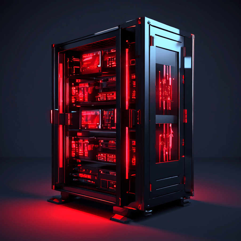 낮은 폴리곤과 글리치 효과가 적용된 컴퓨터 서버 랙이 작동 위험을 의미하는 붉은 경고등을 깜빡이며 품질이 낮은 그래픽이 초래할 수 있는 운영상의 리스크를 상징적으로 표현하고 있습니다.