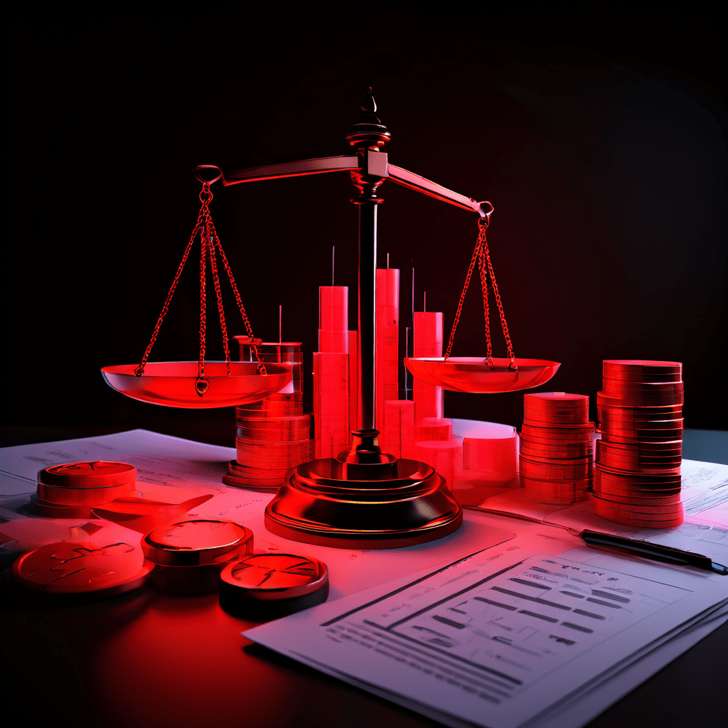 법적 리스크 분석 과정을 상징적으로 표현한 이미지로, 법률 문서의 무게와 빨간색 위험 아이콘을 저울질하며 분석 그래프를 배경에 배치했습니다.