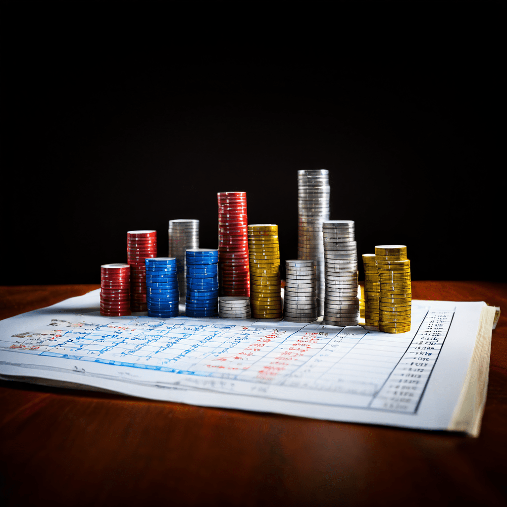 A photorealistic editorial image showing a casino baccarat table with stacks of chips of varying heights, a single playing card pa