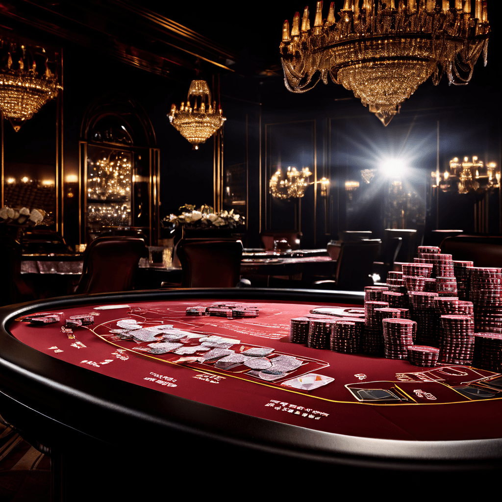 A shallow depth of field photograph showing a blurred baccarat table in the foreground with stacks of chips and playing cards, whi