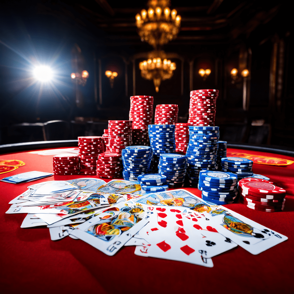 A documentary style photograph showing a close-up of a baccarat table with neatly stacked chips of varying denominations, includin