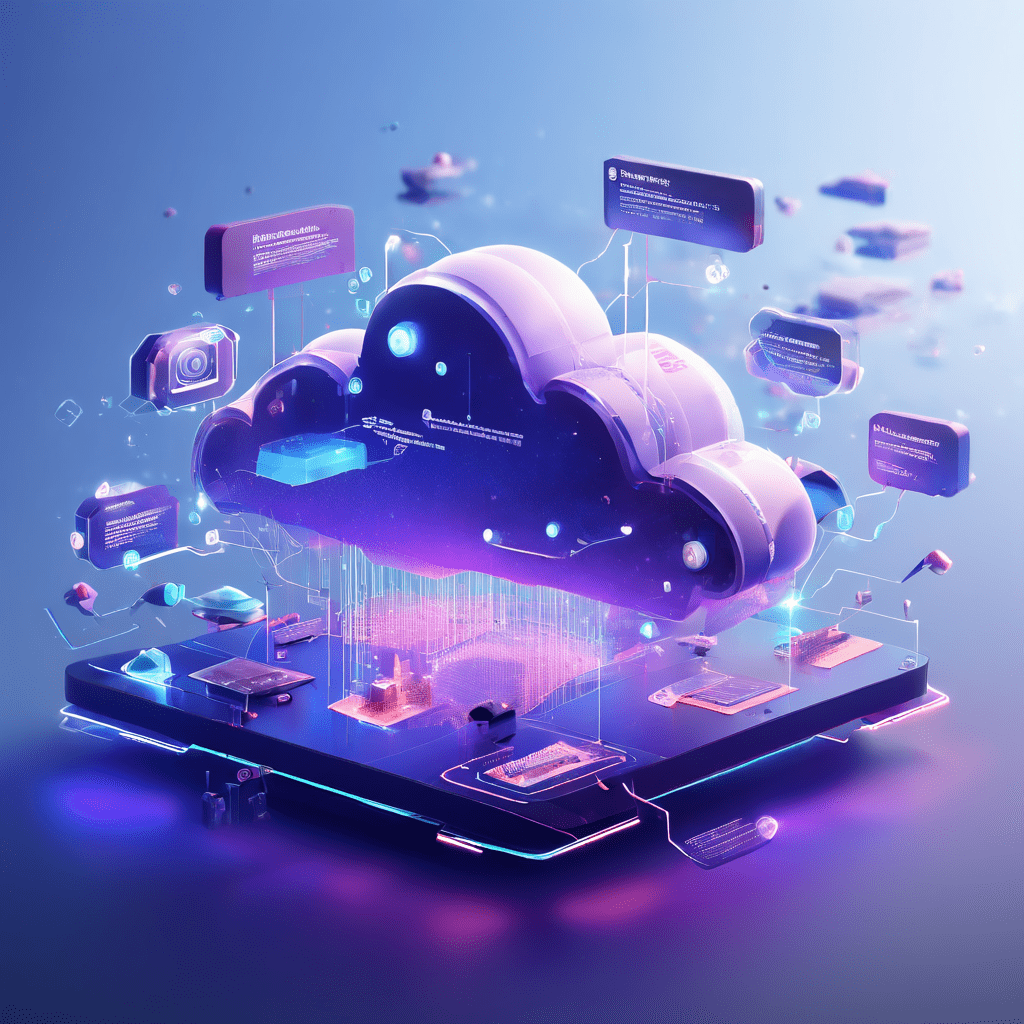 A futuristic digital platform interface showing layered cloud, data, and secure document verification workflows.