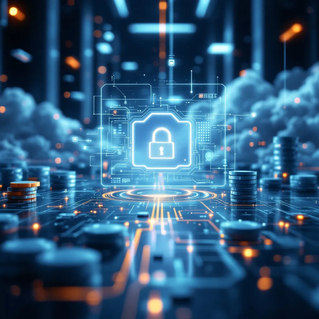 Abstract digital platform interface showing secure login lock state with cloud infrastructure and data flow layers in a premium...
