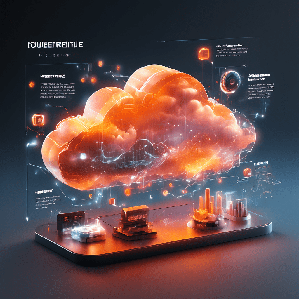 Premium digital platform interface showing connected cloud and data layers with secure online flow and abstract service...