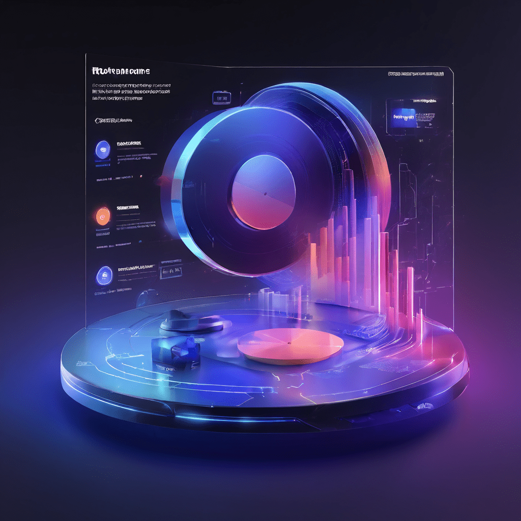 A futuristic fintech platform interface showing a secure online data split between payment records and verification layers, with...