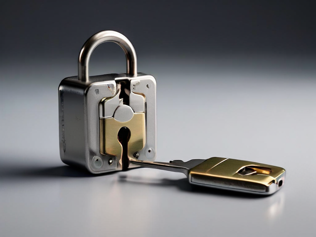 Small metal lock, closed key case, and blank security card on gray studio surface for digital account safety preparation.