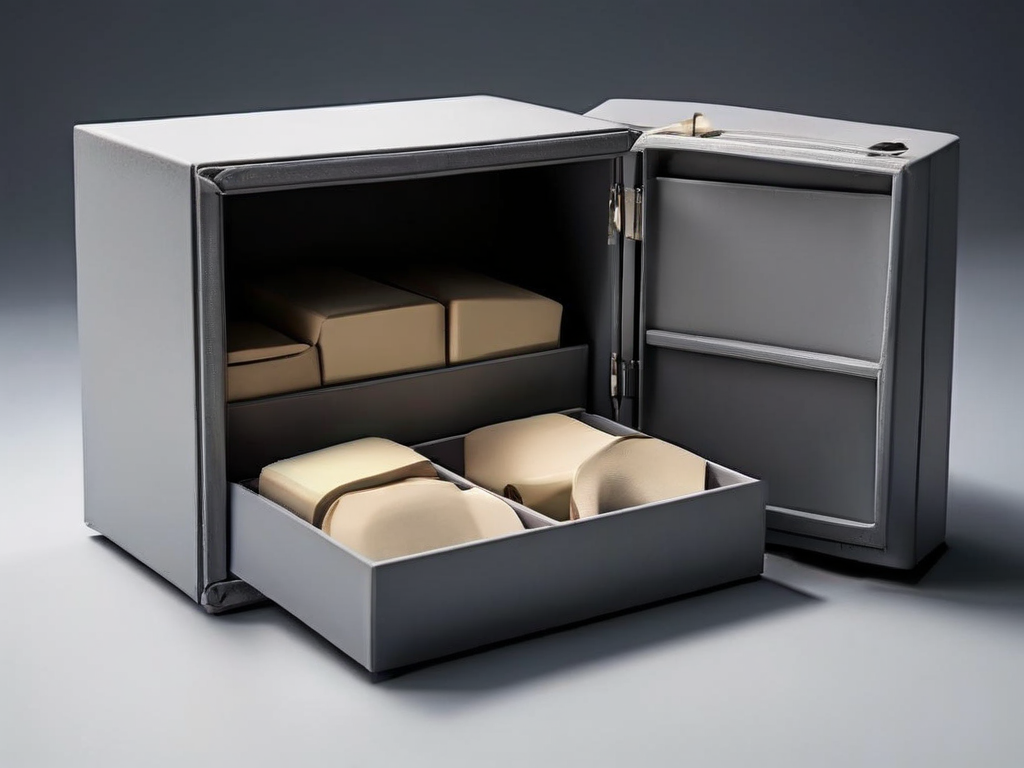 Three small blank archive boxes arranged in a stepped row on a matte gray surface, soft side light casting clean shadows, minimal...