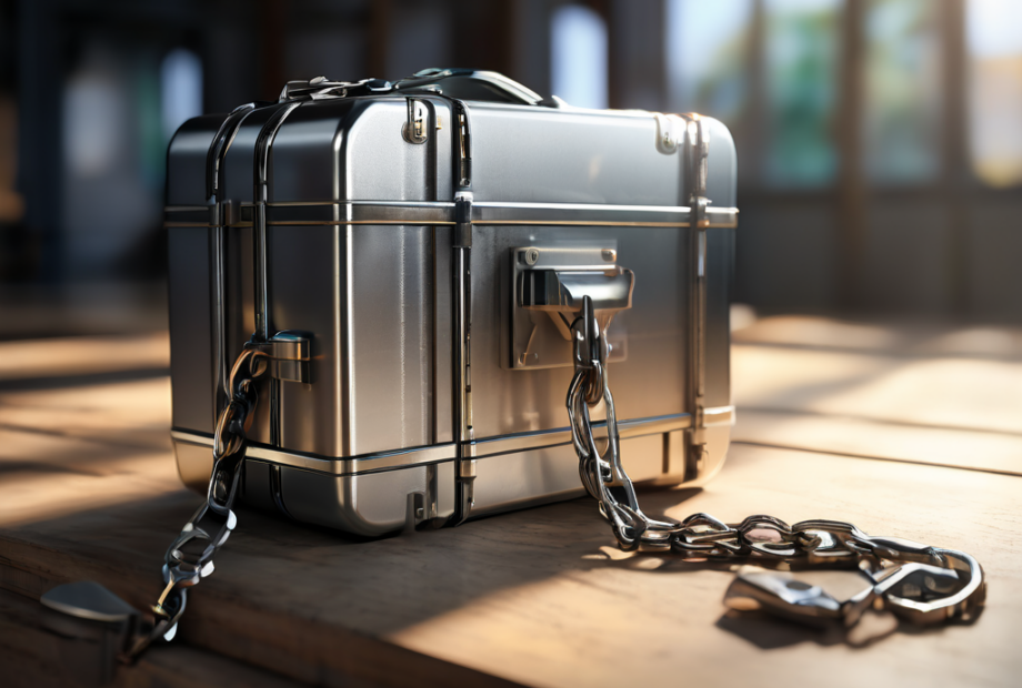 A sealed metal storage case with a short chain beside small blocks representing saved file locations on a brushed steel surface.