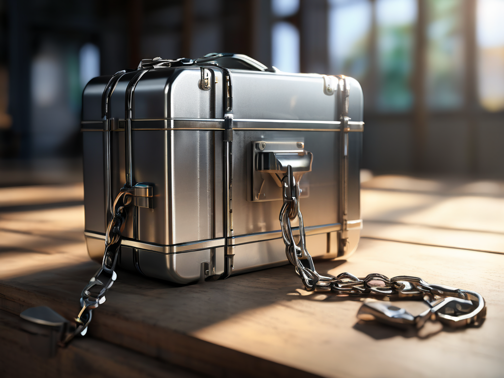 A sealed metal storage case with a short chain beside small blocks representing saved file locations on a brushed steel surface.